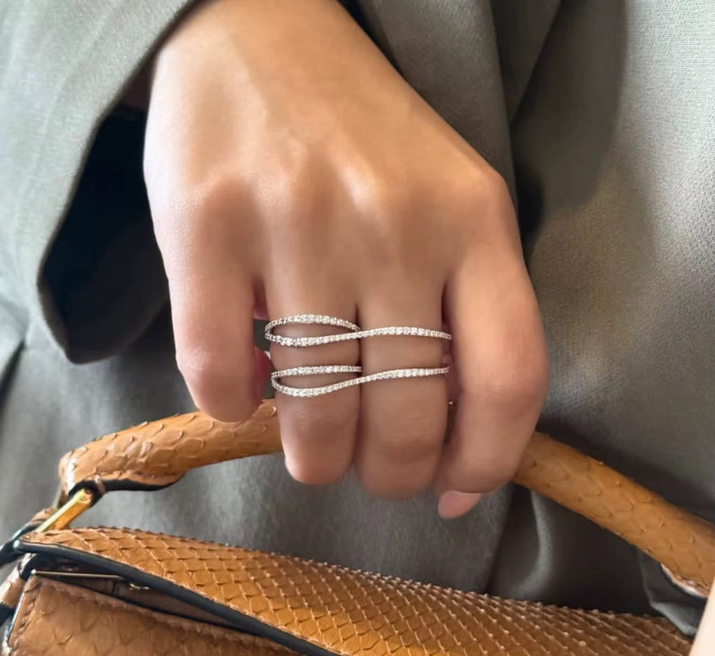 Fluid Wave Pavé Two-Finger Ring