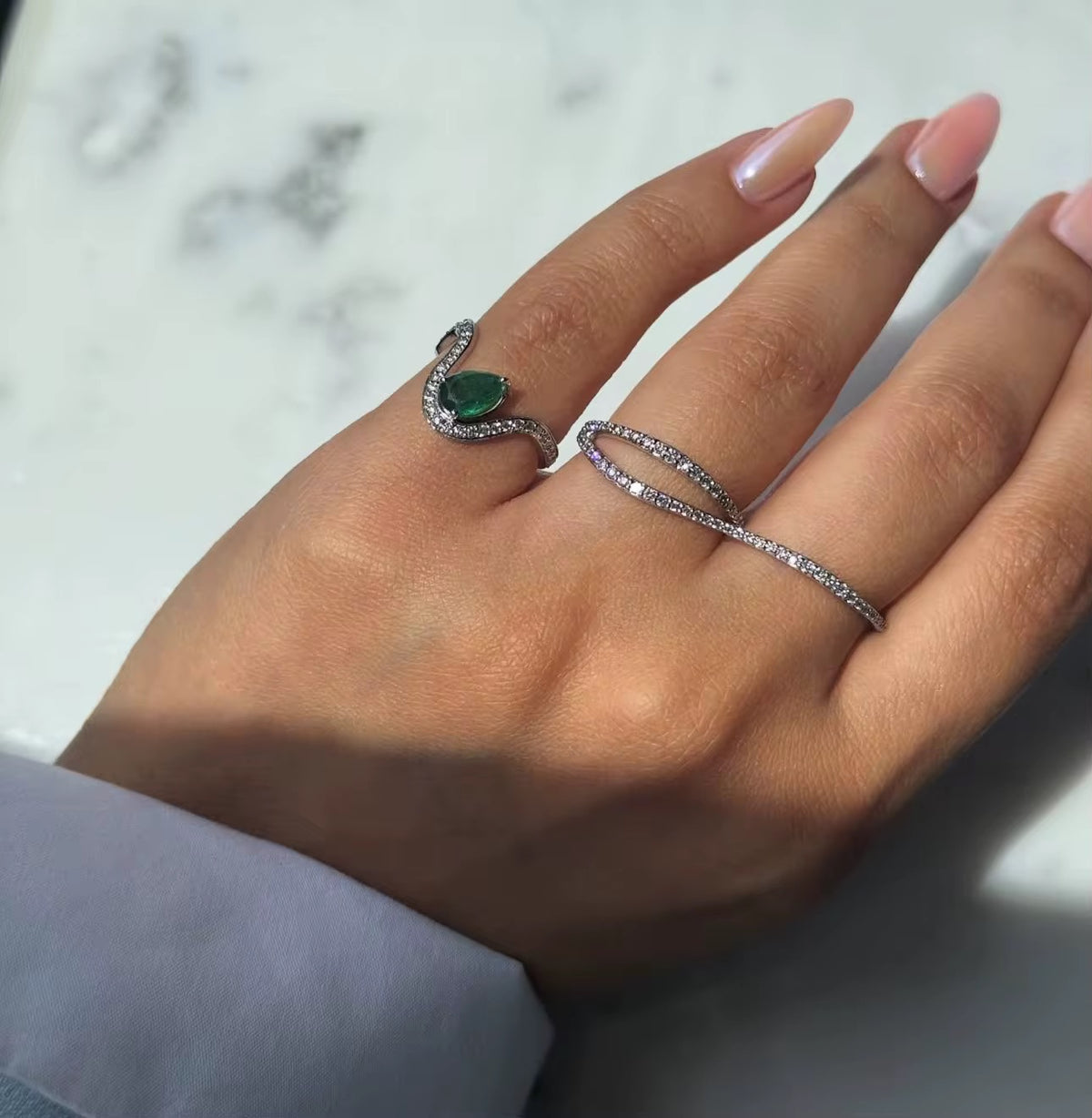 Fluid Wave Pavé Two-Finger Ring